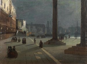 Venice, a View of the Molo di San Marco with the Riva degli Schiavoni in the Moonlight by Ippolito Caffi Oil Painting
