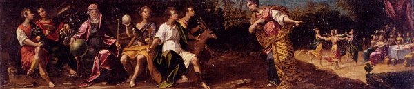Allegorical Figures of Fidelity, Abundance, Fame and Vanity with a Banquet Beyond by Ippolito Scarsella - Hand-Painted Oil Painting Reproduction