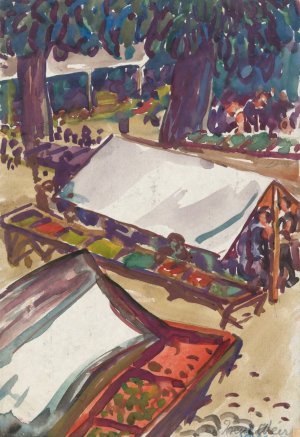 View of the Market, Chinon, France by Irene Weir Oil Painting