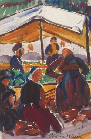 Women in the Market Stalls, Chinon, France by Irene Weir Oil Painting