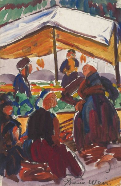 Women in the Market Stalls, Chinon, France  by Irene Weir - Hand-Painted Oil Painting Reproduction