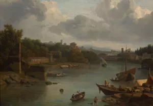 View of the Tiber from the south - Ripa Grande by Isaac De Moucheron Oil Painting