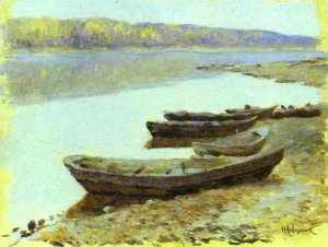 Landscape on the Volga. Boats by the Riverbank