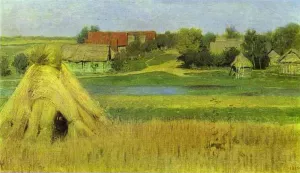 Sheaves and a Village Beyond the River by Isaac Ilich Levitan Oil Painting
