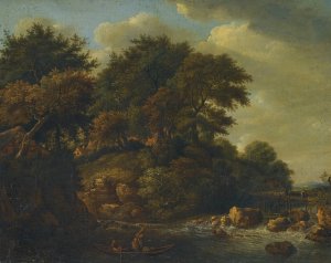 Wooded Landscape With Waterfall by Isaac Koene Oil Painting
