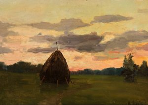 Landscape with a haystack by Isaac Levitan Oil Painting