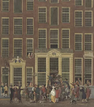De boekhandel en het loterijkantoor van Jan de Groot in de Kalverstraat te Amsterdam Oil painting by Isaac Ouwater
