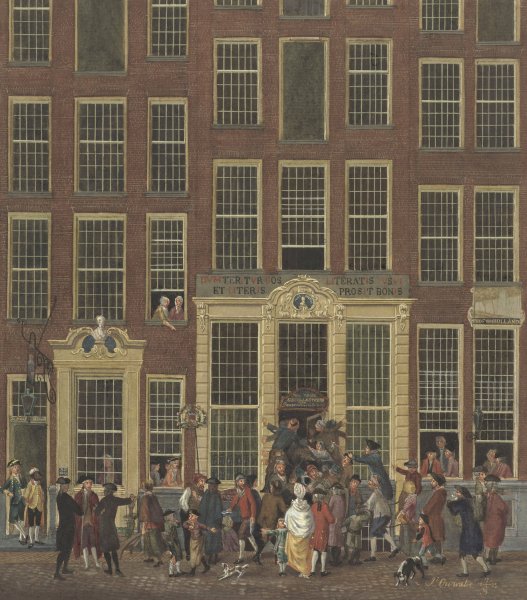 De boekhandel en het loterijkantoor van Jan de Groot in de Kalverstraat te Amsterdam  by Isaac Ouwater - Hand-Painted Oil Painting Reproduction