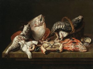 Still Life with Fishes, a Crab and Oysters by Isaac Van Duynen Oil Painting