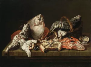 Still Life with Fishes, a Crab and Oysters by Isaac Van Duynen Oil Painting