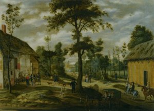 A Village Scene Outside an Inn with Two Horsemen and a Carriage Halted in the Foreground
