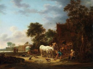 Country inn with a horse at the trough by Isaac Van Ostade Oil Painting