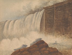 View of Niagara Falls with Two Figures on Rock in Right Foreground by Isaac Weld Oil Painting