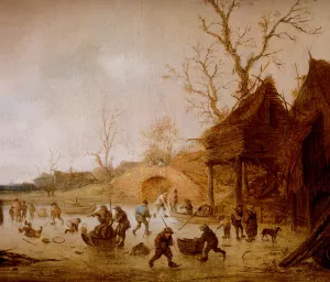 A Winter Landscape with Skaters, Children Playing Kolf And Figures with Sledges on the Ice Near a Bridge Oil painting by Isaack Van Ostade