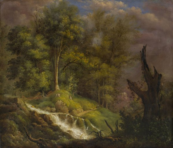 Forest Landscape with Waterfall  by Isaak Furstenberger - Hand-Painted Oil Painting Reproduction