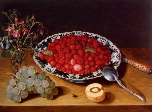 Wild Strawberries in a Wan-Li Kraak Porcelan Bowl with a vase of Flowers and a Bunch of Grapes, All Resting on a Wooden Ledge