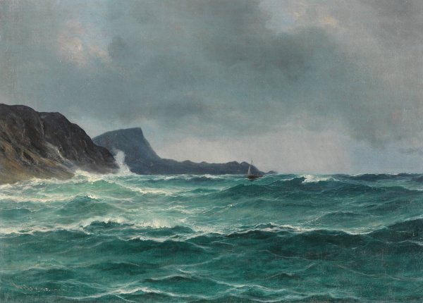 Nordische Kuste mit Segelboot  by Isak Elias Refsnaes - Hand-Painted Oil Painting Reproduction