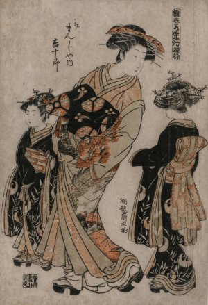 The Courtesan Kichijuro of Kage Manjiya with Two Kamuro by Isoda Koryusai Oil Painting