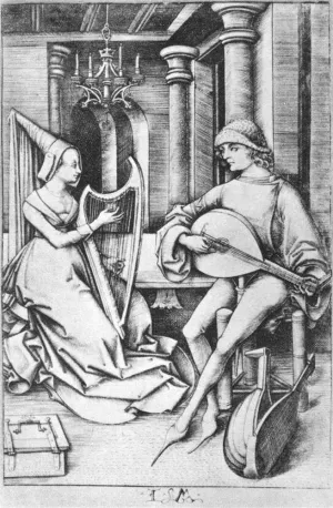 The Lute Player and the Harpist by Israhel Van Meckenem The Younger Oil Painting