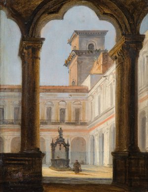 View of San Lorenzo cloister in Naples by Italian School Oil Painting
