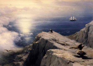 A Rocky Coastal Landscape in the Aegean with Ships in the Distance Detail