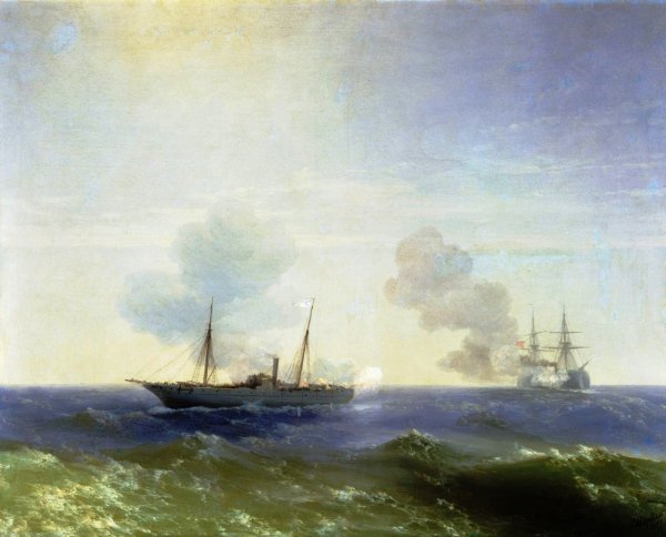 Battle of Steamship Vesta and Turkish Ironclad by Ivan Konstantinovich Aivazovsky - Hand-Painted Oil Painting Reproduction