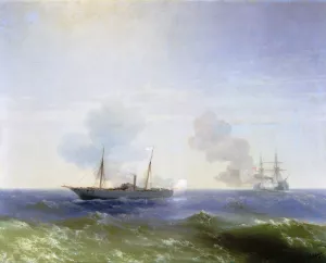 Fight steamer Vesta with the Turkish Ship in the Black Sea by Ivan Konstantinovich Aivazovsky Oil Painting