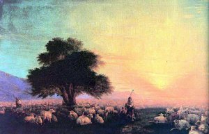 Flock of Sheep with Herdsmen, Sunset