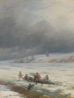 Hauling a Horse and Cart out of the Ice by Ivan Konstantinovich Aivazovsky Oil Painting