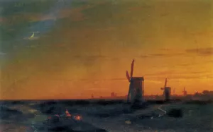 Landscape With Windmills by Ivan Konstantinovich Aivazovsky Oil Painting