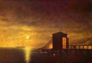 Moonlit Night, A Bathing Hut, in Feodosia by Ivan Konstantinovich Aivazovsky Oil Painting
