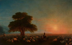 Shepherds with a flock of sheep by Ivan Konstantinovich Aivazovsky Oil Painting