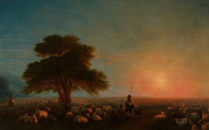 Shepherds with a flock of sheep by Ivan Konstantinovich Aivazovsky Oil Painting