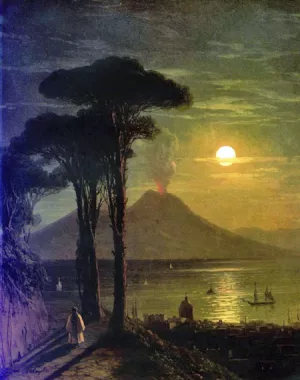 The Bay of Naples at Moonlit Night, Vesuvius by Ivan Konstantinovich Aivazovsky Oil Painting