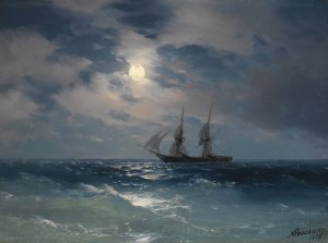 The Brig Mercury In Moonlight by Ivan Konstantinovich Aivazovsky Oil Painting