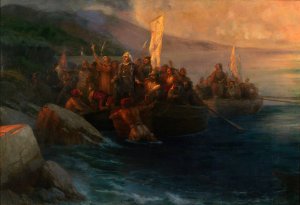 The Disembarkation of Christopher Columbus with Companions on Three Launches, on Friday 12th October 1492, At Sunrise, on an American Island Named San Salvador by Him on the Very Same Day Oil painting by Ivan Konstantinovich Aivazovsky