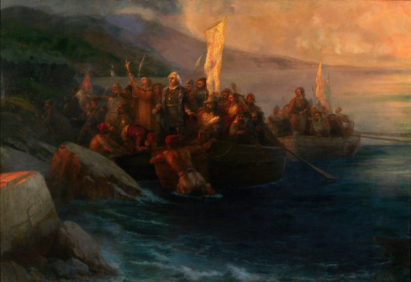 The Disembarkation of Christopher Columbus with Companions on Three Launches, on Friday 12th October 1492, At Sunrise, on an American Island Named San Salvador by Him on the Very Same Day  by Ivan Konstantinovich Aivazovsky - Hand-Painted Oil Painting Reproduction