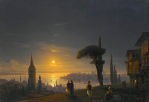 The Galata Tower By Moonlight by Ivan Konstantinovich Aivazovsky Oil Painting