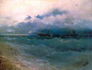 The Ships on a Rough Sea, Sunrise by Ivan Konstantinovich Aivazovsky Oil Painting