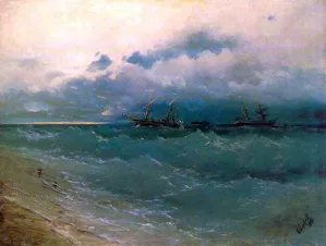 The Ships on a Rough Sea, Sunrise by Ivan Konstantinovich Aivazovsky - Oil Painting Reproduction