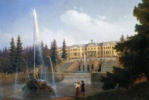 View of the Big Cascade in Petergof and the Great Palace of Petergof