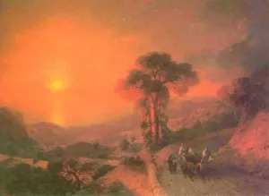 View of the Sea from the Mountains at Sunset, Crimea 2 painting by Ivan Konstantinovich Aivazovsky
