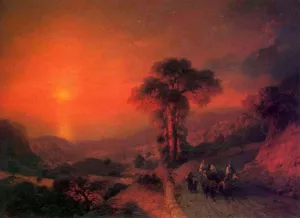 View of the Sea from the Mountains at Sunset, Crimea by Ivan Konstantinovich Aivazovsky Oil Painting