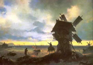 Windmill on the Sea Coast by Ivan Konstantinovich Aivazovsky - Oil Painting Reproduction