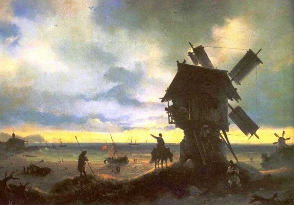 Windmill on the Sea Coast by Ivan Konstantinovich Aivazovsky - Hand-Painted Oil Painting Reproduction