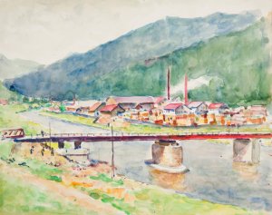 Krajobraz z widokiem na most na gorskiej rzece by Ivan Ivanec Oil Painting