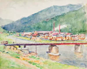 Krajobraz z widokiem na most na gorskiej rzece by Ivan Ivanec Oil Painting