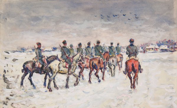 Oddzial lekkiej jazdy zblizajacy sie do wsi  by Ivan Ivanec - Hand-Painted Oil Painting Reproduction