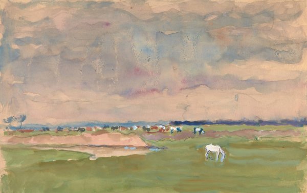 Pejzaz letni z koniem i krowami na pastwisku by Ivan Ivanec - Hand-Painted Oil Painting Reproduction