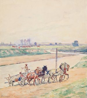 Pejzaz wiejski z rzeka, pasacym sie stadem krow i wozem drabiniastym by Ivan Ivanec Oil Painting